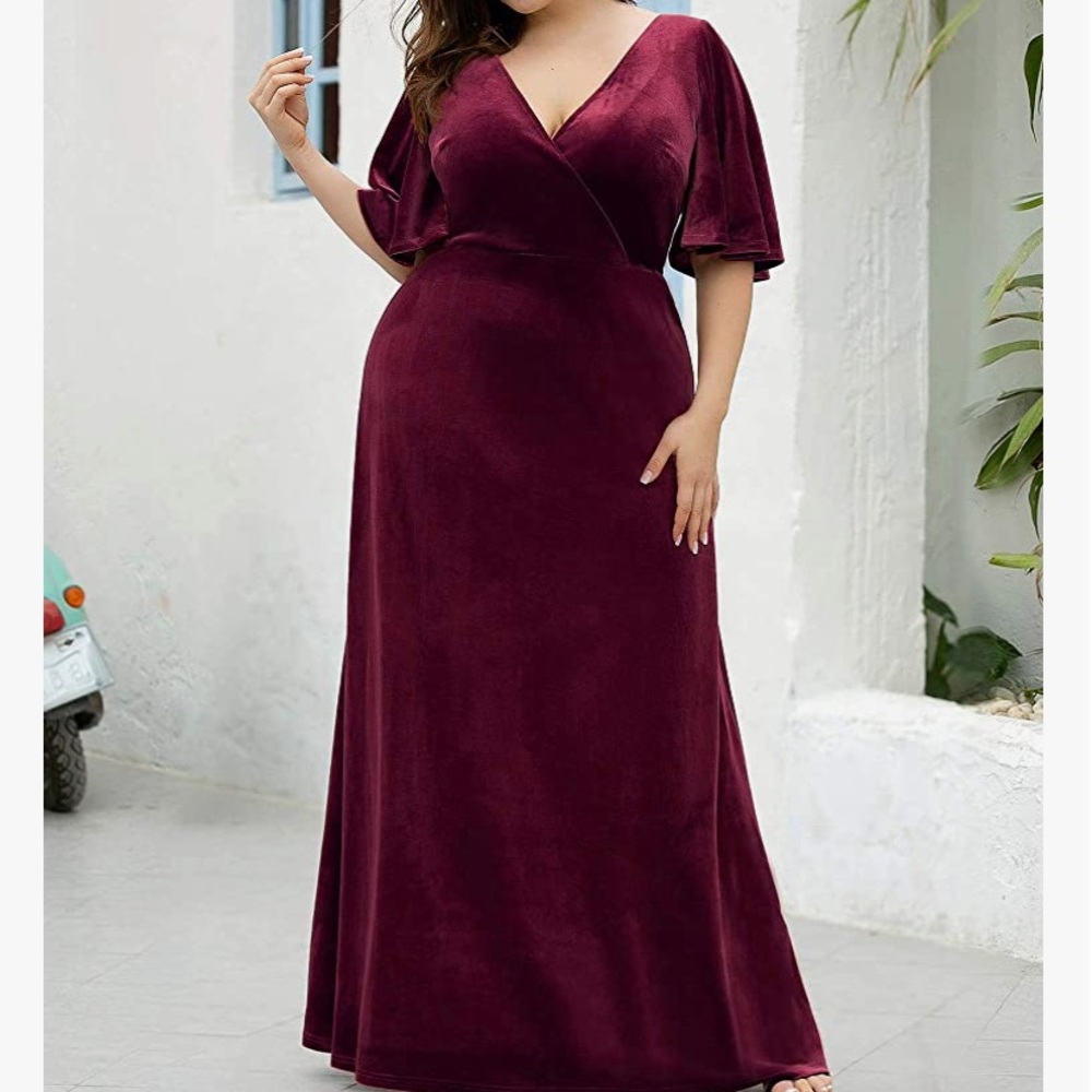 Ever Pretty Burgundy V-Neck Wrap Velvet Maxi Dress